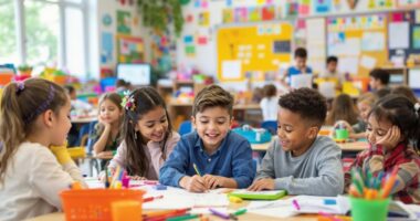 Classroom with students engaged in interactive learning activities.