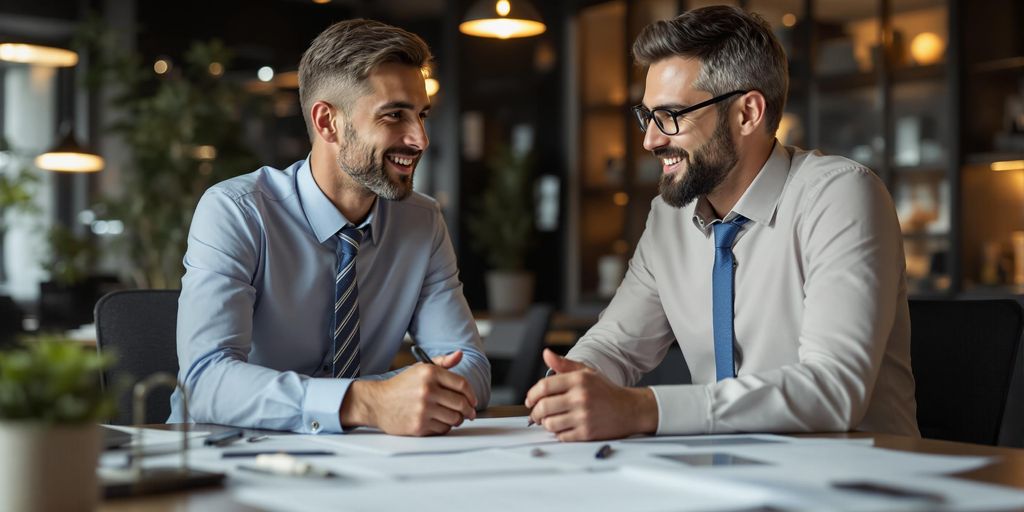 Financial consultant advising client in a modern office.