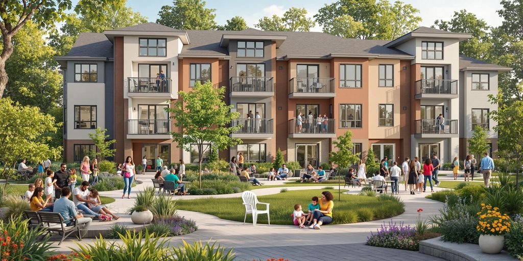 Diverse residents enjoying a green housing community.