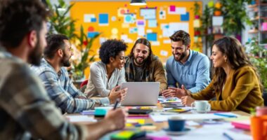 Diverse team collaborating in a modern office setting.