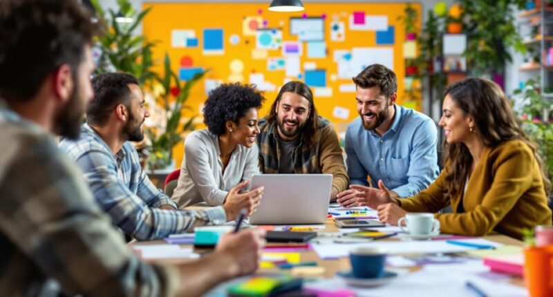 Diverse team collaborating in a modern office setting.