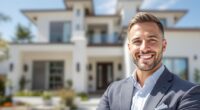 real estate agent in front of a beautiful California home.