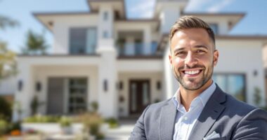 real estate agent in front of a beautiful California home.