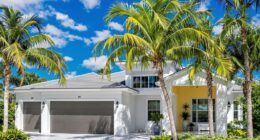 Modern Florida home with palm trees and clear skies.