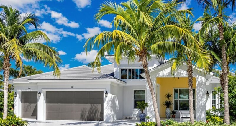 Modern Florida home with palm trees and clear skies.