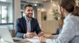 Real estate agent interacting with clients in an office.