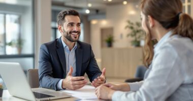 Real estate agent interacting with clients in an office.