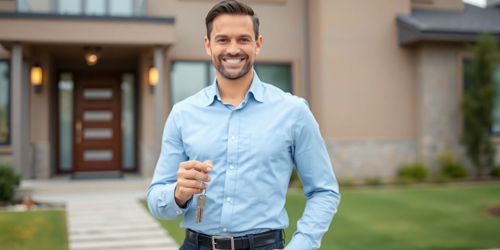 Smiling real estate agent with keys in front of a house.