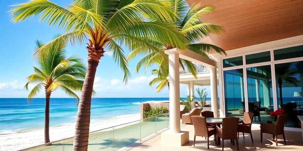 Florida beachfront property with palm trees and sunny skies.