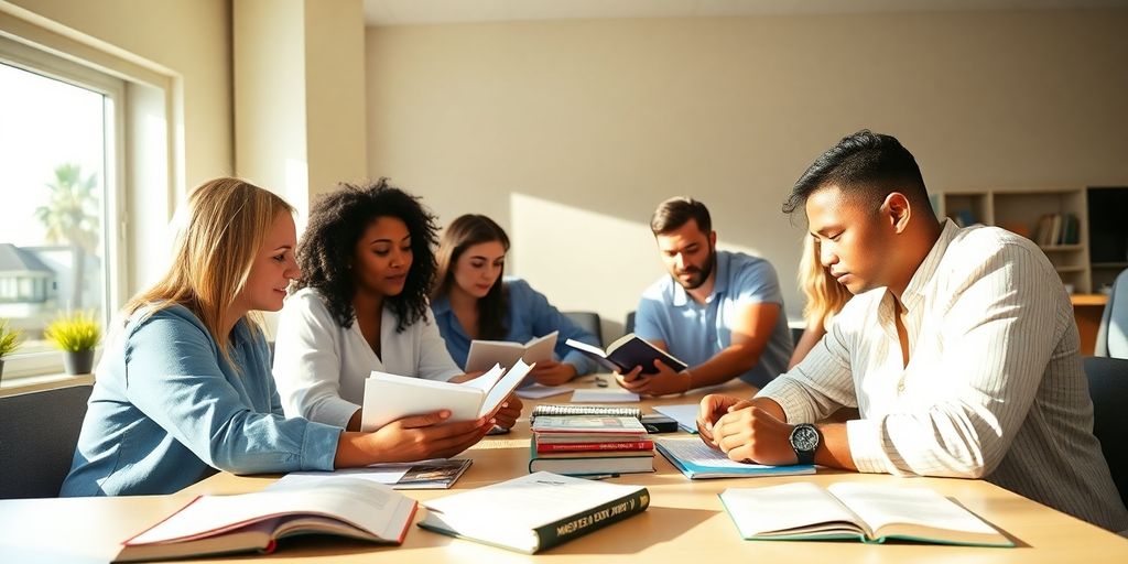 Students studying in a classroom for real estate exam preparation.