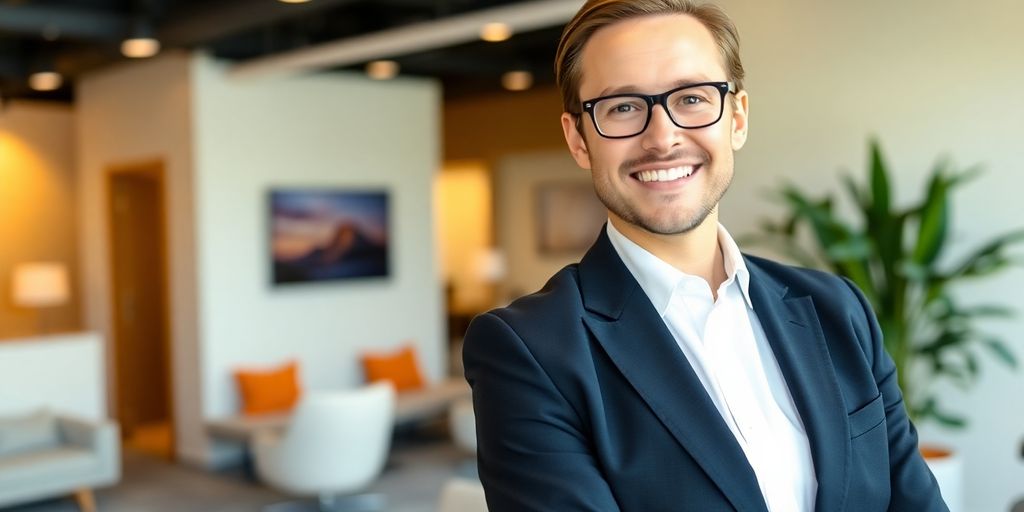 New real estate agent smiling in a professional office.