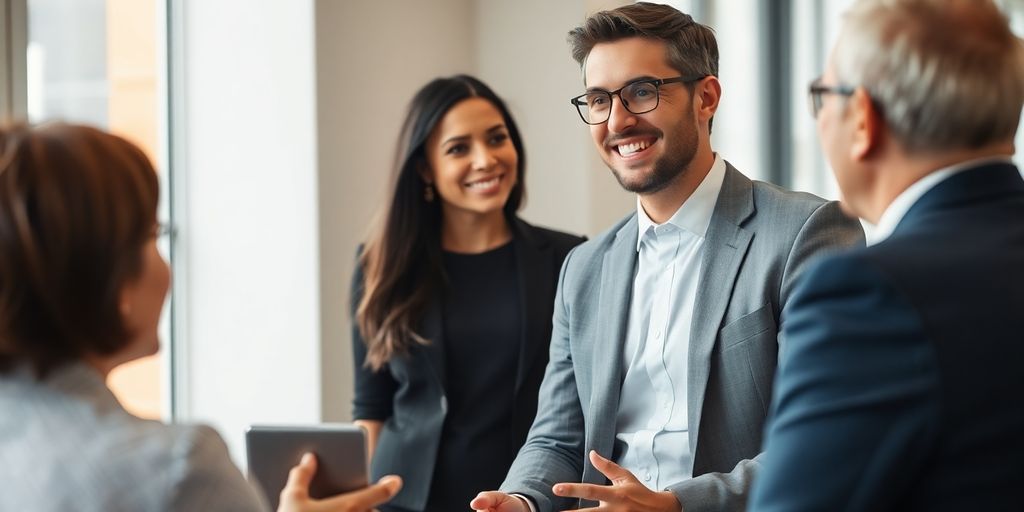 Financial consultant discussing plans with clients in an office.