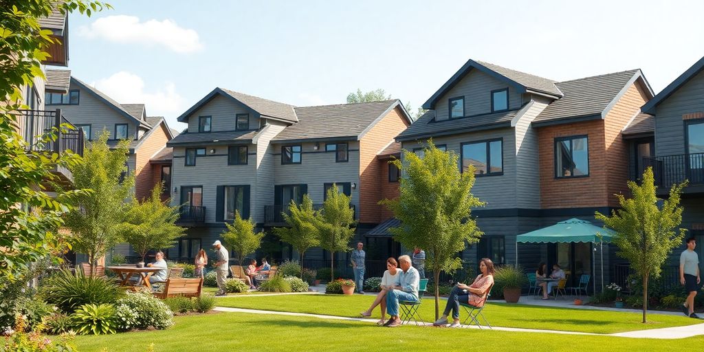 Diverse families in a modern housing development with greenery.