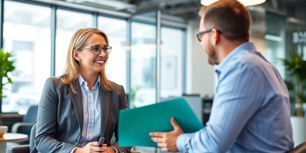 Financial consultant assisting clients in a modern office.