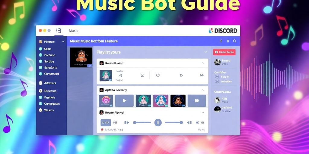 Discord music bot features with colorful sound waves.