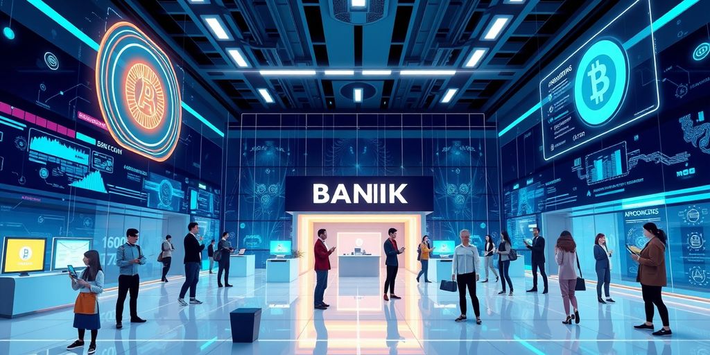 Futuristic banking with digital interfaces and diverse users.