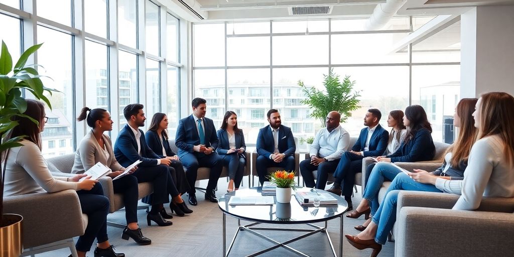 Real estate agents collaborating in a bright office.