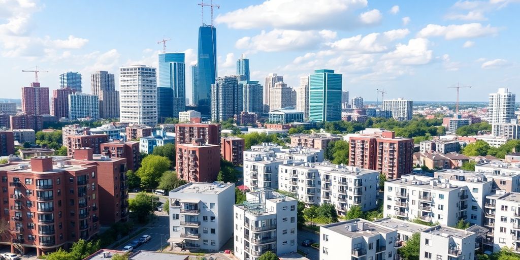 Modern urban skyline with build-to-rent housing developments.