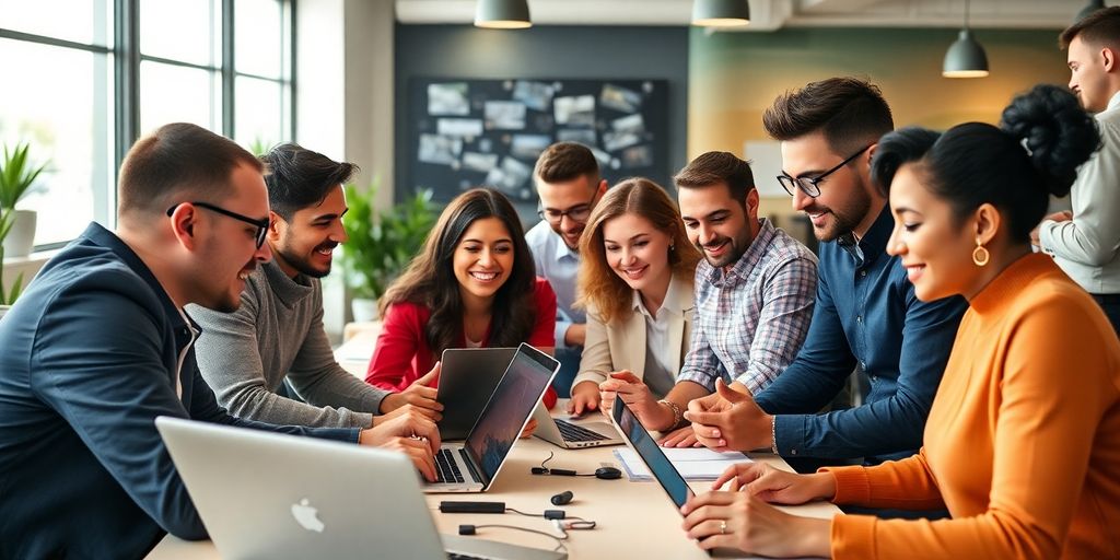 Diverse team discussing digital marketing strategies in office.